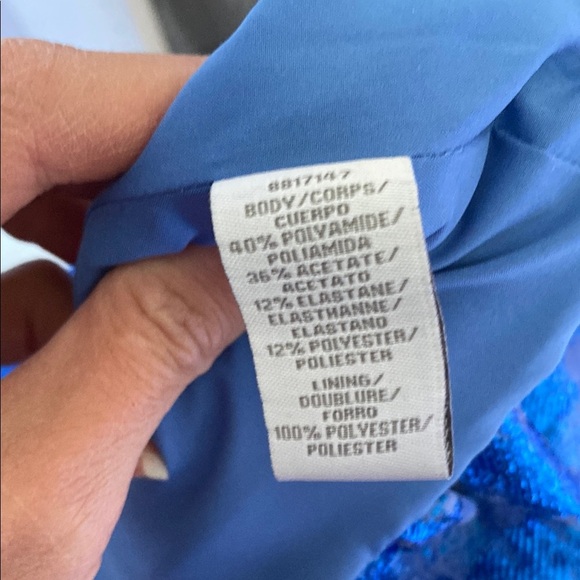 Theia Blue and White Off-Shoulder Sheath Dress - Picture 15 of 16